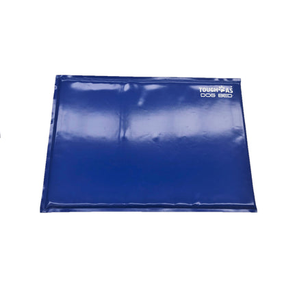 A large blue rectangular dog bed made of PVC.